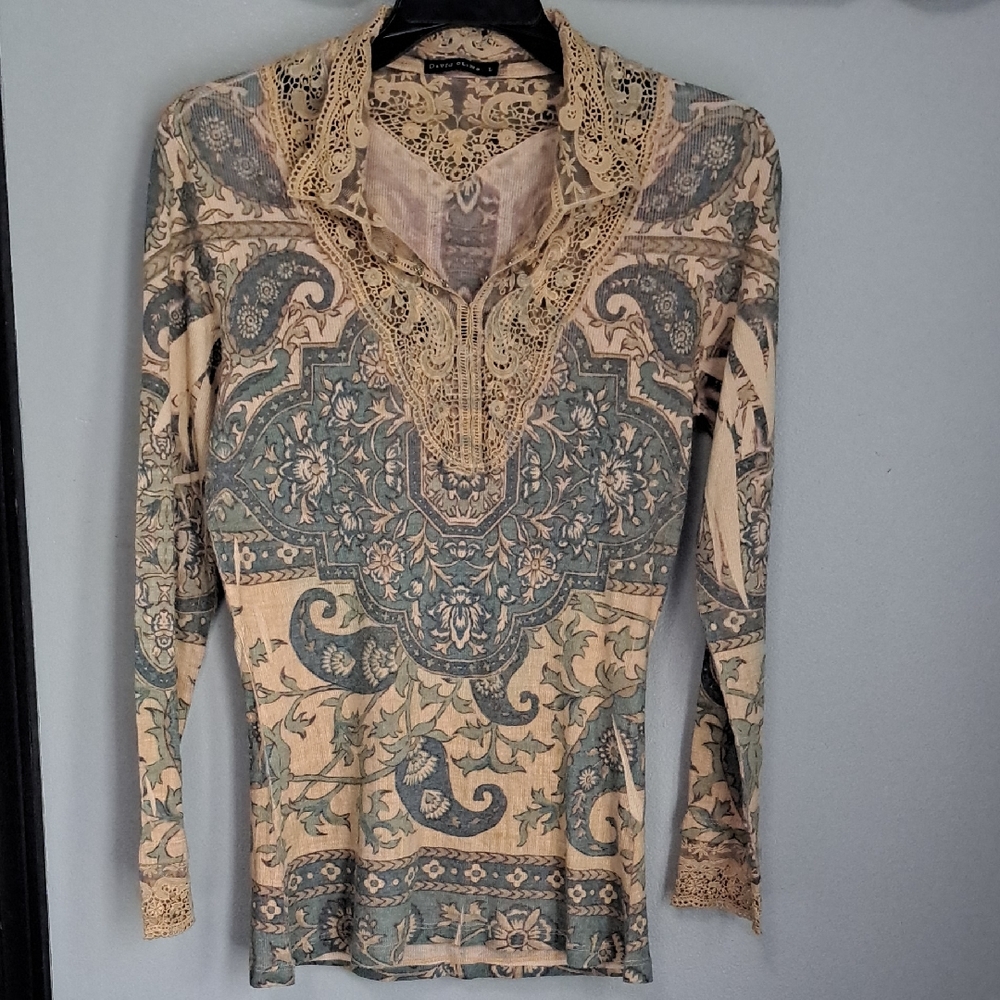 David Cline Bohemian Lace Trim Longsleeve Top Size Large Made In USA